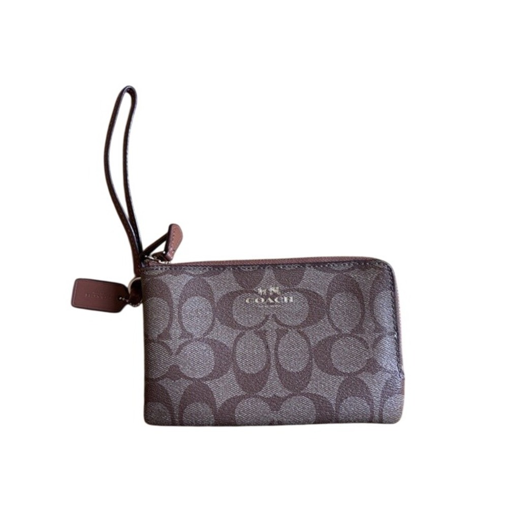Coach Double Zip Wristlet in Signature Canvas Brown Khaki F58035 Gold Hardware